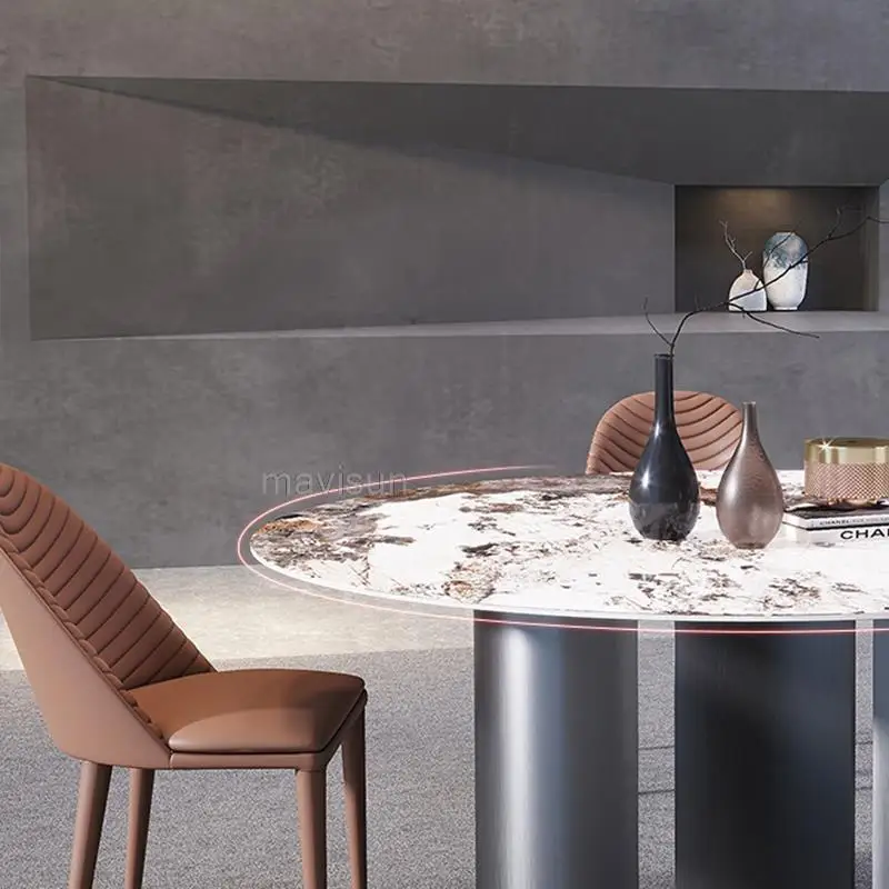 Модерен Луксозен Лек домакински скандинавски въртящ се с Голяма кръгла кухненска маса от неръждаема стомана, комбинация от масата за хранене и стол4