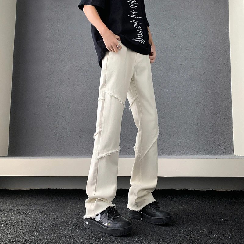 Нови мъжки дънки, бели черни памучни дълги прави панталони от груб плат, модни панталони, дънки, в корейски стил за мъже0