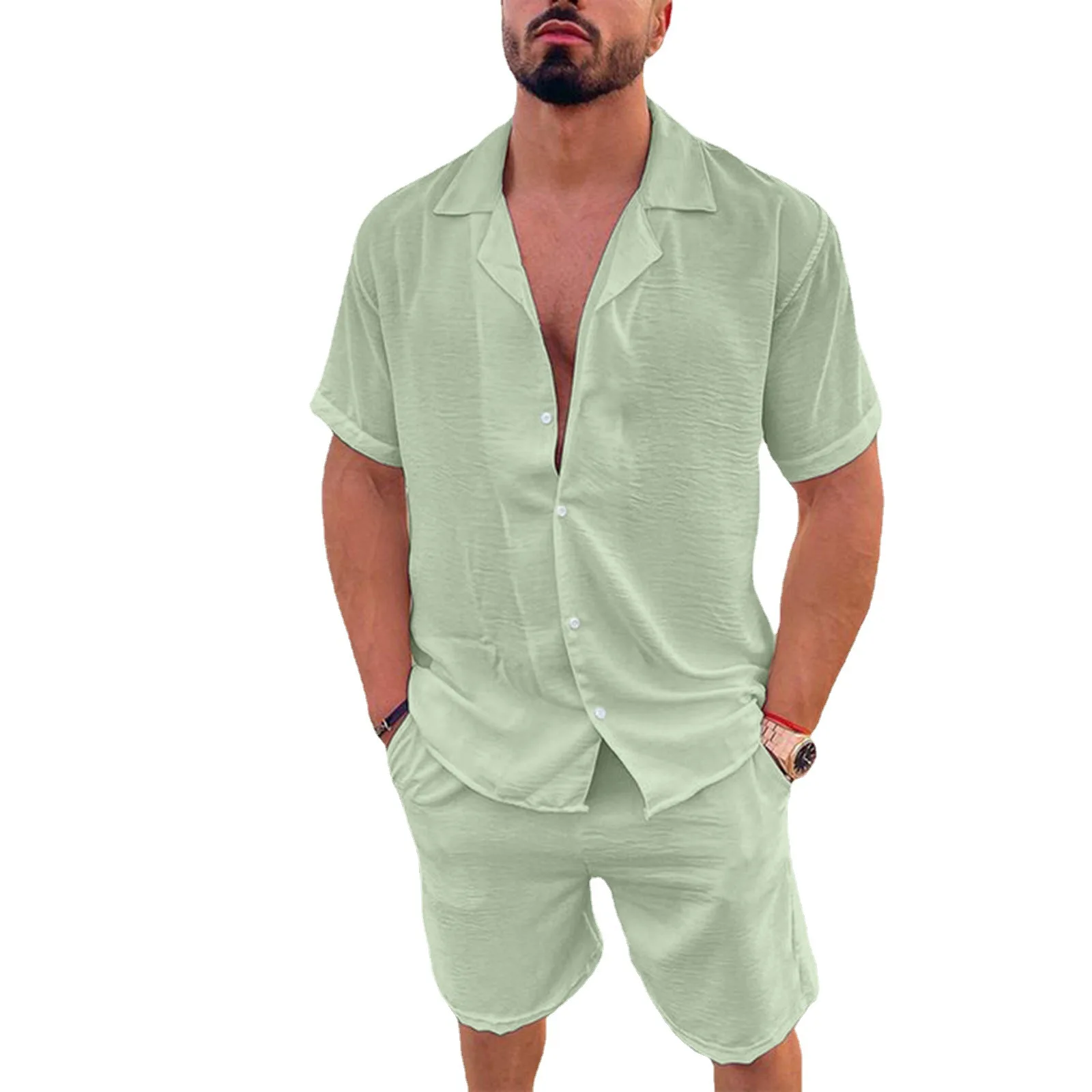 Комплект Мъжки Облекла От Две части, Всекидневен Костюм 2023, Пролет-лято, Свободни Памучни Ленени Ризи с Копчета С Къс ръкав + Шорти За Мъже, Облекло0