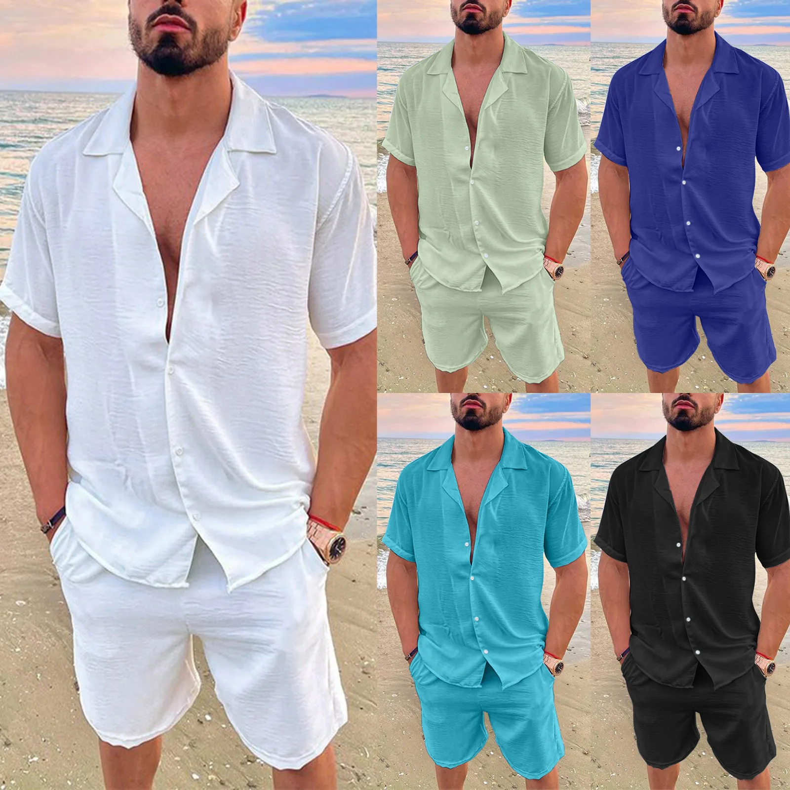 Комплект Мъжки Облекла От Две части, Всекидневен Костюм 2023, Пролет-лято, Свободни Памучни Ленени Ризи с Копчета С Къс ръкав + Шорти За Мъже, Облекло3