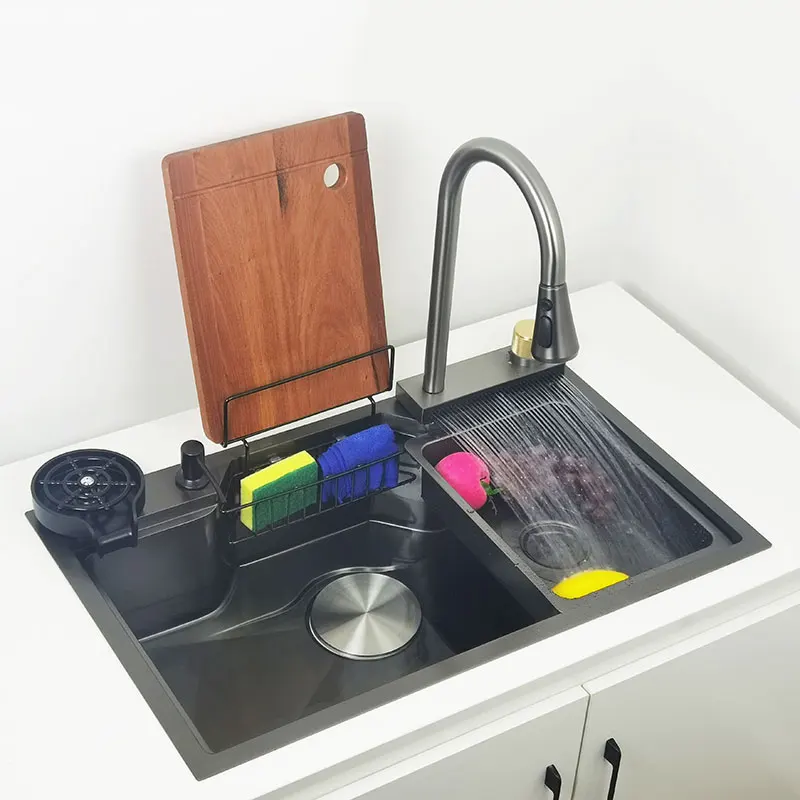 Водопадная мивка, Кухненски Наномойки с поставка за дъска за табла за пистолет сив цвят 304 Мивка от Неръждаема Стомана с мивка чаши0