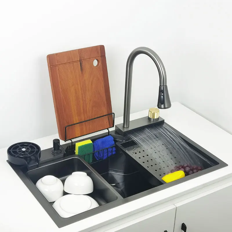 Водопадная мивка, Кухненски Наномойки с поставка за дъска за табла за пистолет сив цвят 304 Мивка от Неръждаема Стомана с мивка чаши1
