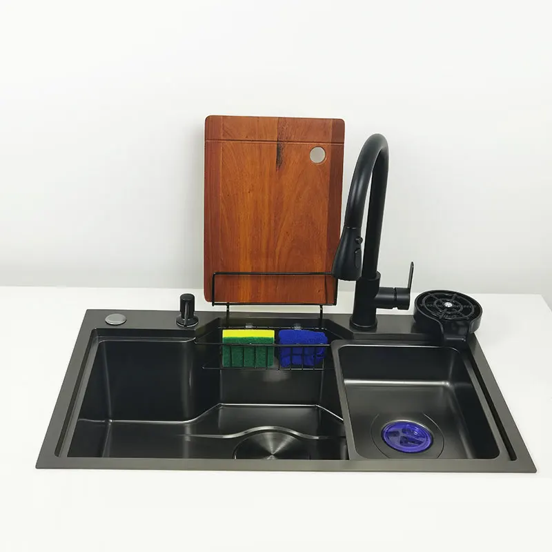 Водопадная мивка, Кухненски Наномойки с поставка за дъска за табла за пистолет сив цвят 304 Мивка от Неръждаема Стомана с мивка чаши3