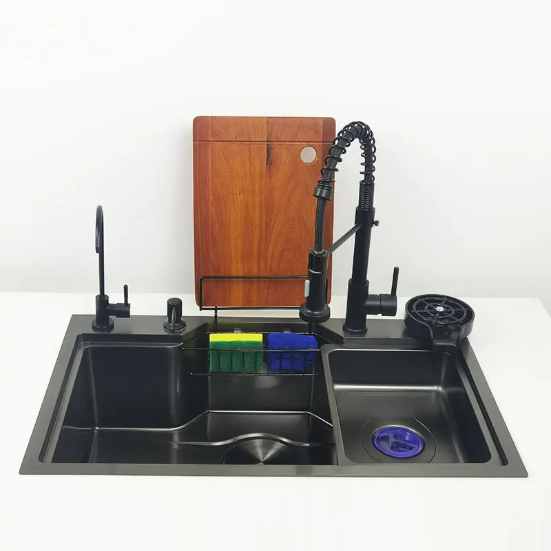 Водопадная мивка, Кухненски Наномойки с поставка за дъска за табла за пистолет сив цвят 304 Мивка от Неръждаема Стомана с мивка чаши4