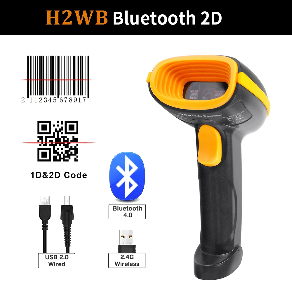 H5WB Bluetooth 2D четец на баркод и H5 QR кабелна ръчен баркод скенер, с поддръжка на USB за мобилен телефон iPad5
