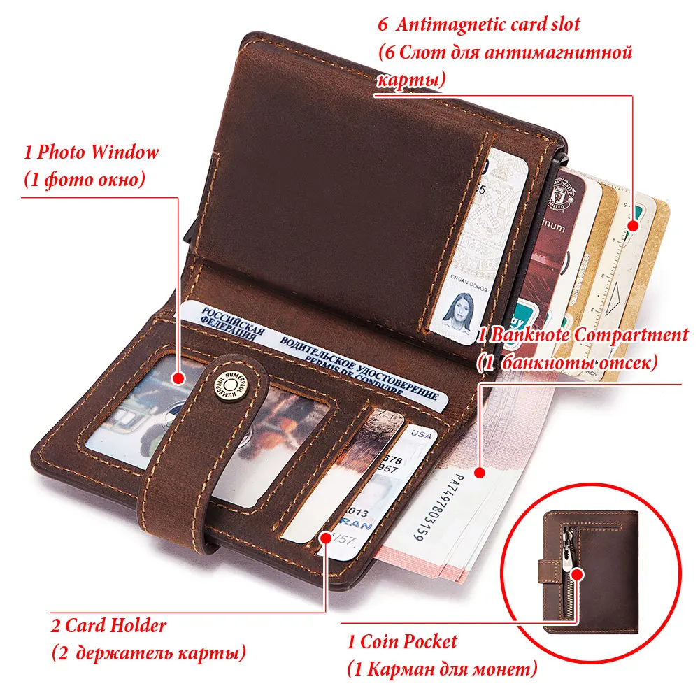 Кожен портфейл Crazy Horse с притежателя на кредитна карта за мъже, защита от радиочестотна идентификация, алуминиев поп смарт портфейл, тънък джоб за монети с цип3