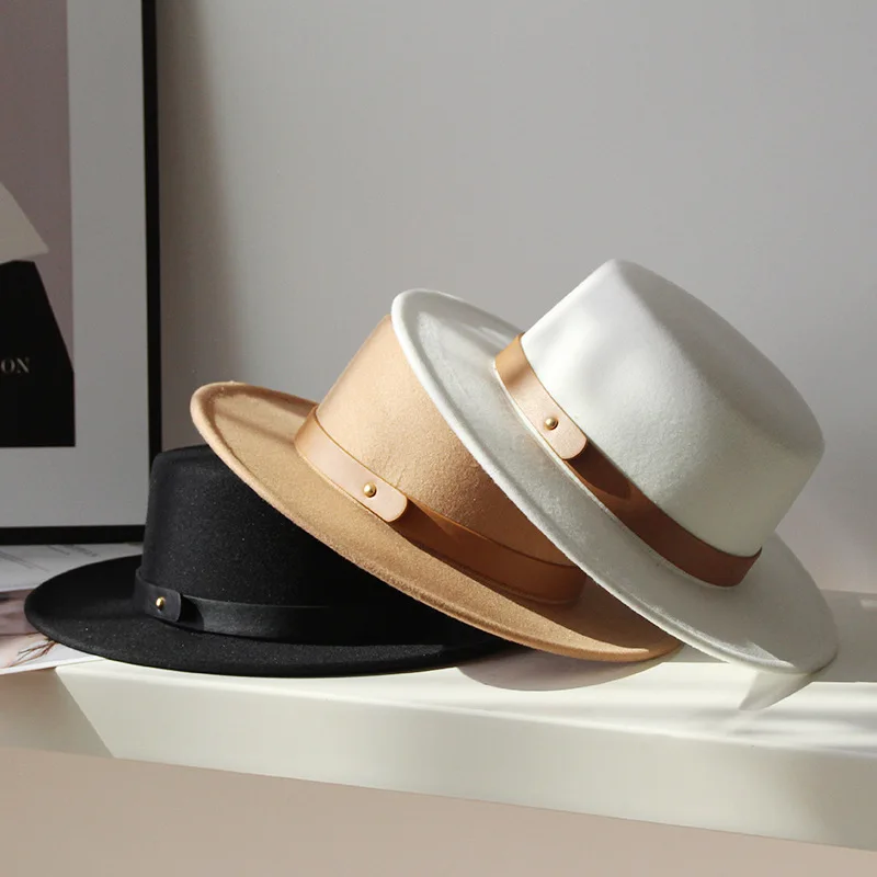 Фетровая шапка камилска козина цветове, френски цилиндър, женски есенно-зимния британски ретро кожена каишка, имитация на вълна чувствах шапки, дамски джаз шапка1