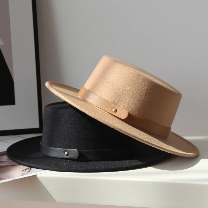 Фетровая шапка камилска козина цветове, френски цилиндър, женски есенно-зимния британски ретро кожена каишка, имитация на вълна чувствах шапки, дамски джаз шапка2