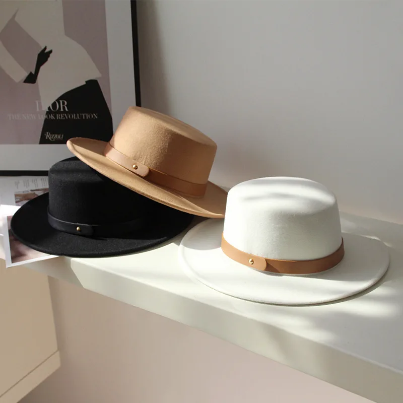Фетровая шапка камилска козина цветове, френски цилиндър, женски есенно-зимния британски ретро кожена каишка, имитация на вълна чувствах шапки, дамски джаз шапка4