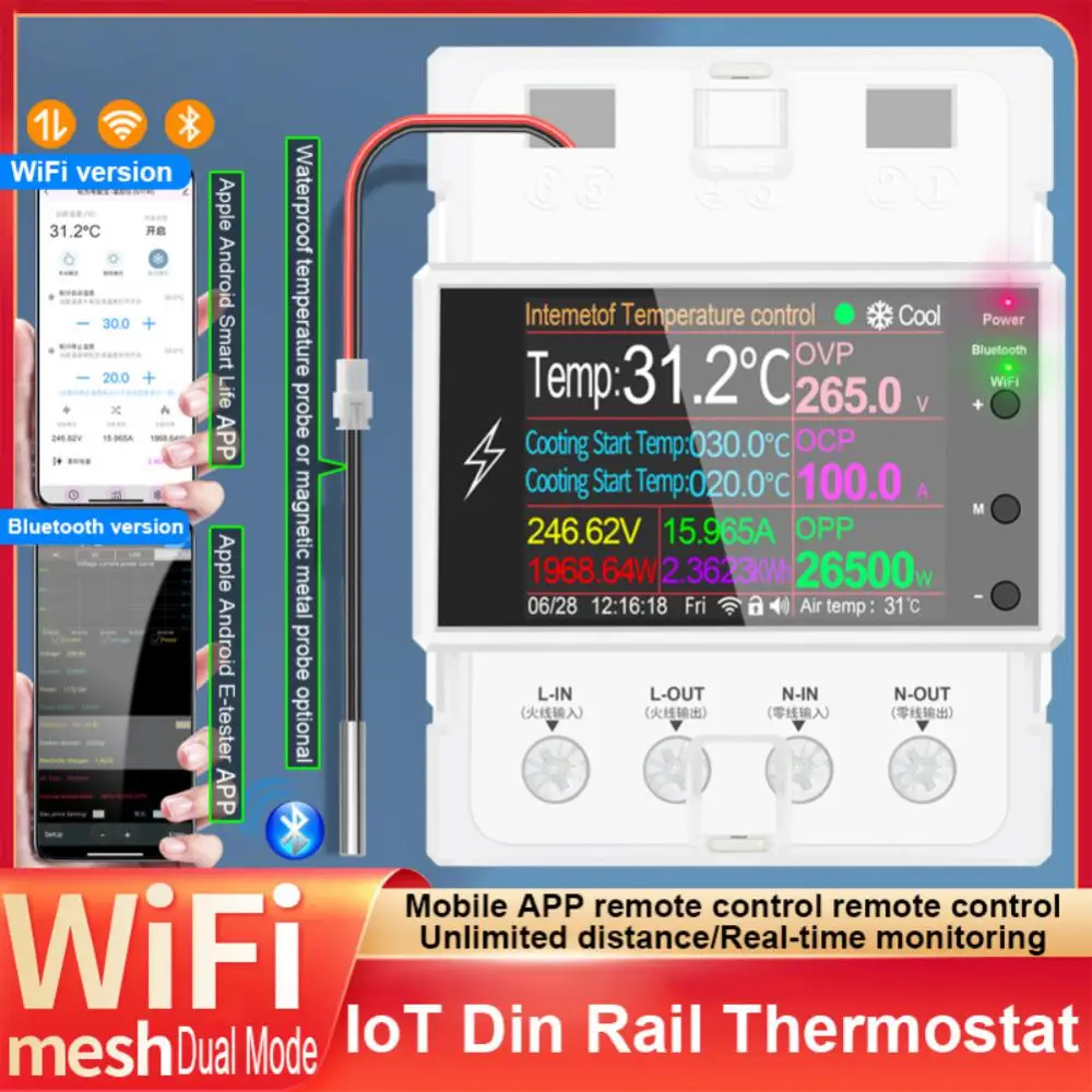 Метален Нпм сензор Интелигентен Дом 100a At4pt приложение за Дистанционно управление на WIFI Bluetooth Din-рейк Цифров термостат Водоустойчив Нпм сензор0