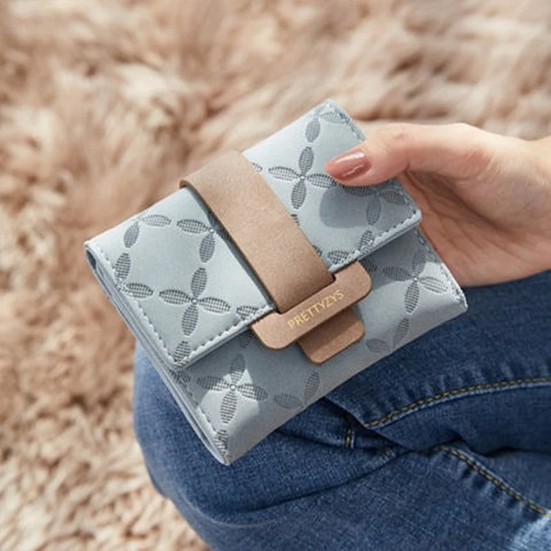 Дамски портмонета с цветен модел, сгъваем държач за карти, просто чантата с цип, женски кратък елегантен модерен портфейл Carteira в корейски стил5