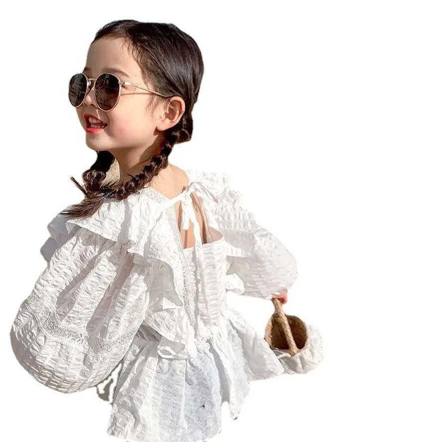 Новост 2023 г., пролетно-есенни детски сладки обикновена бели блузи с дълъг ръкав за деца от 2-6 години, блуза-риза с дълъг ръкав-фенерчета за малки момичета1