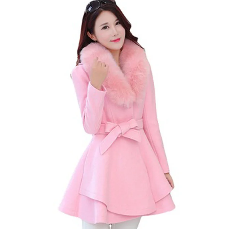 Корейски вълнени палто с яка от изкуствена кожа, дамски есен-зима смесени вълнени однобортные яке с колан, поли, палта с къдри 3XL1