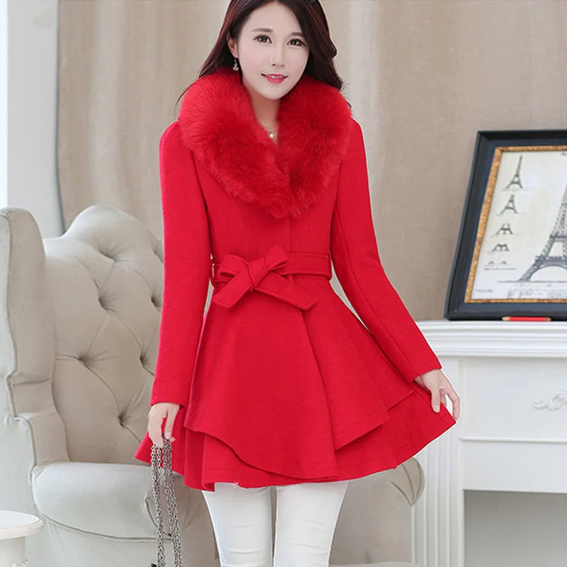 Корейски вълнени палто с яка от изкуствена кожа, дамски есен-зима смесени вълнени однобортные яке с колан, поли, палта с къдри 3XL2