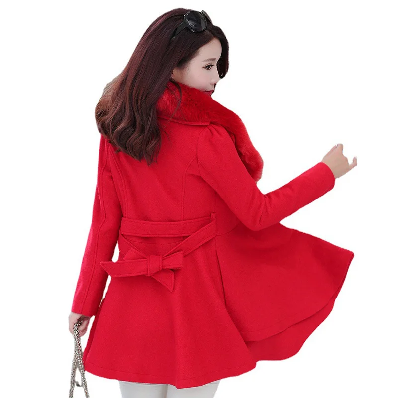 Корейски вълнени палто с яка от изкуствена кожа, дамски есен-зима смесени вълнени однобортные яке с колан, поли, палта с къдри 3XL3