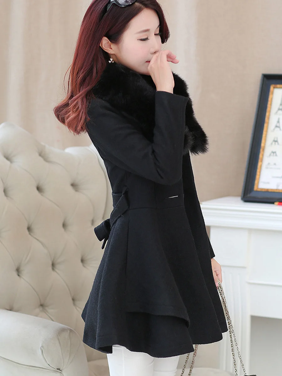 Корейски вълнени палто с яка от изкуствена кожа, дамски есен-зима смесени вълнени однобортные яке с колан, поли, палта с къдри 3XL5