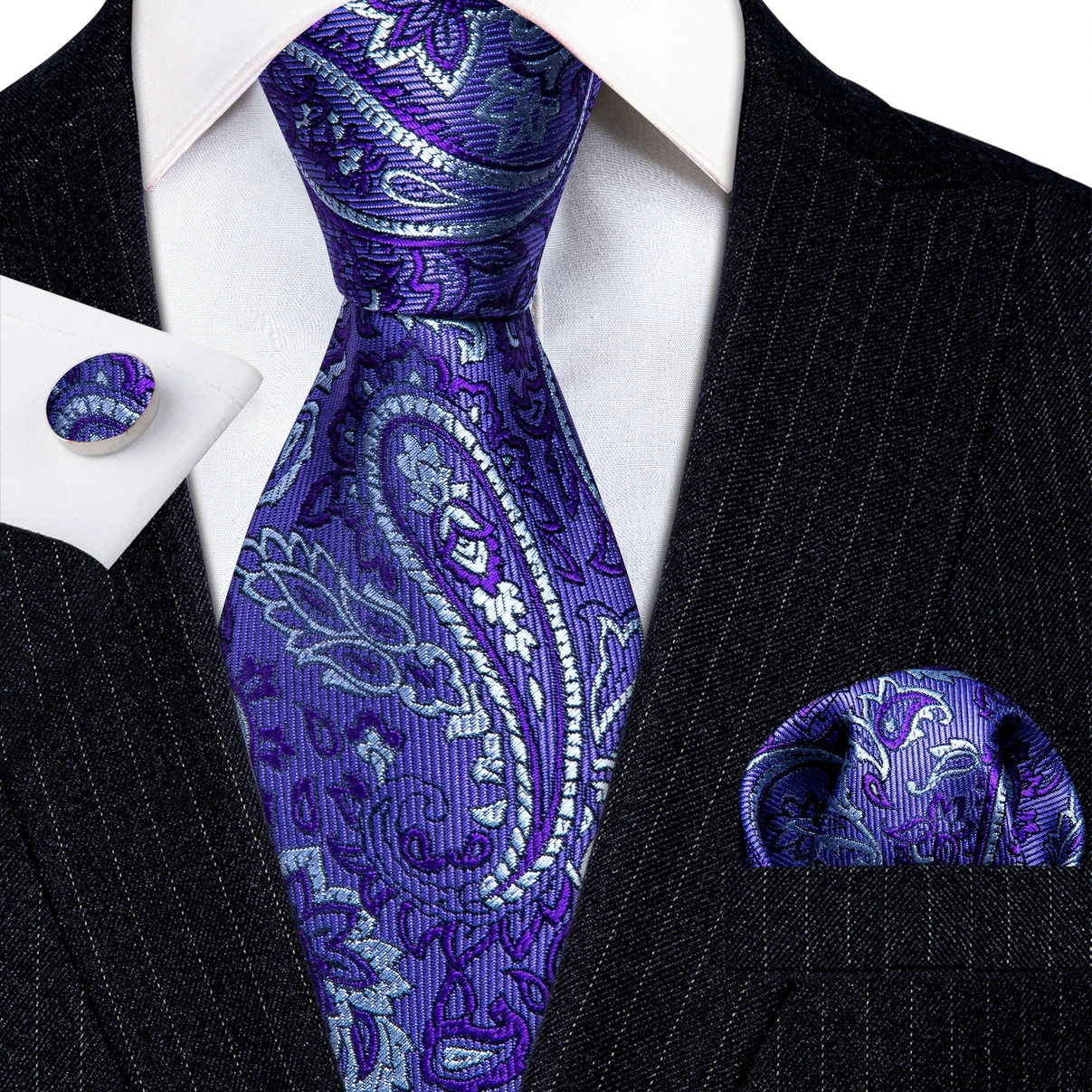 Дизайнерски Копринена Вратовръзка за Мъжете Лилав, Сребрист Цвят С Пейсли, Вратовръзка в Клетката и Лента, Джобни Квадратни копчета за Ръкавели, колекция от Сватбени Подаръци Бари · Wang 62830