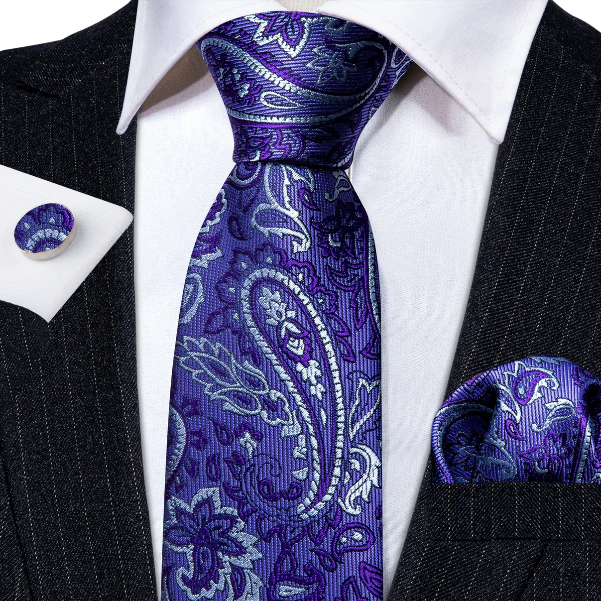 Дизайнерски Копринена Вратовръзка за Мъжете Лилав, Сребрист Цвят С Пейсли, Вратовръзка в Клетката и Лента, Джобни Квадратни копчета за Ръкавели, колекция от Сватбени Подаръци Бари · Wang 62831