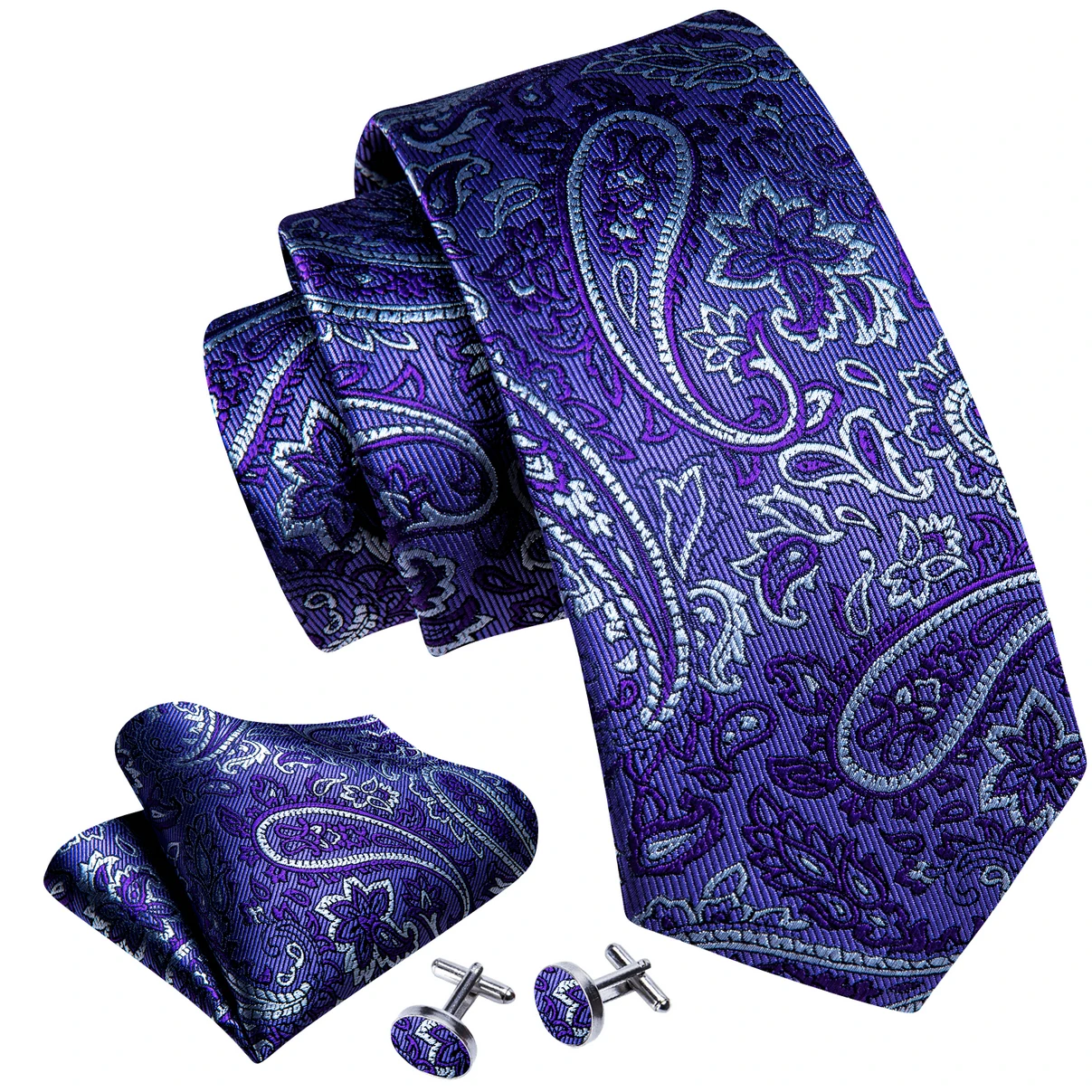 Дизайнерски Копринена Вратовръзка за Мъжете Лилав, Сребрист Цвят С Пейсли, Вратовръзка в Клетката и Лента, Джобни Квадратни копчета за Ръкавели, колекция от Сватбени Подаръци Бари · Wang 62832