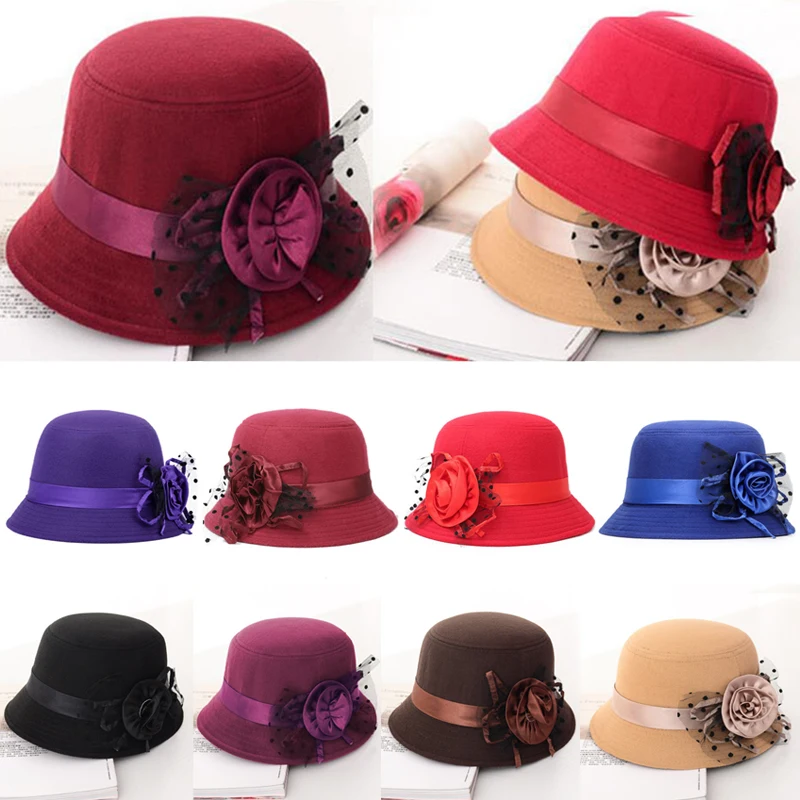 Дамски шапка, топли зимни филц шапки, луксозни шапки с копринени роза, плътна шапка-кофа, елегантна рокля за бала, подарък за Нова година2