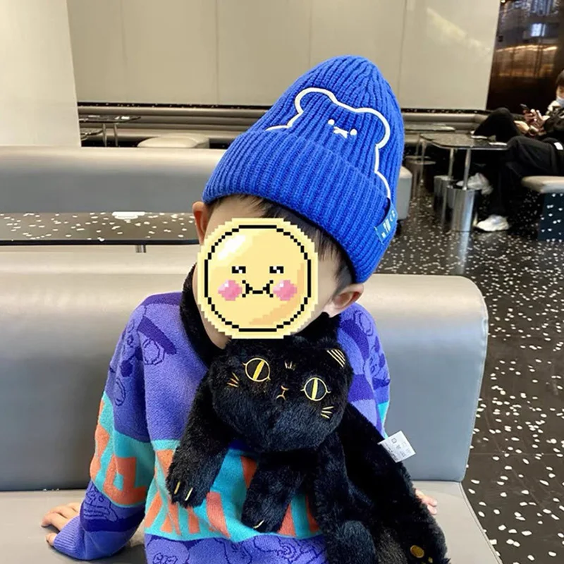 Сладко Детска шапка с бродерия на Мече, Корейски модни Топли възли шапки за деца, момчета и Момичета, вязаная на една кука шапчица-бини2