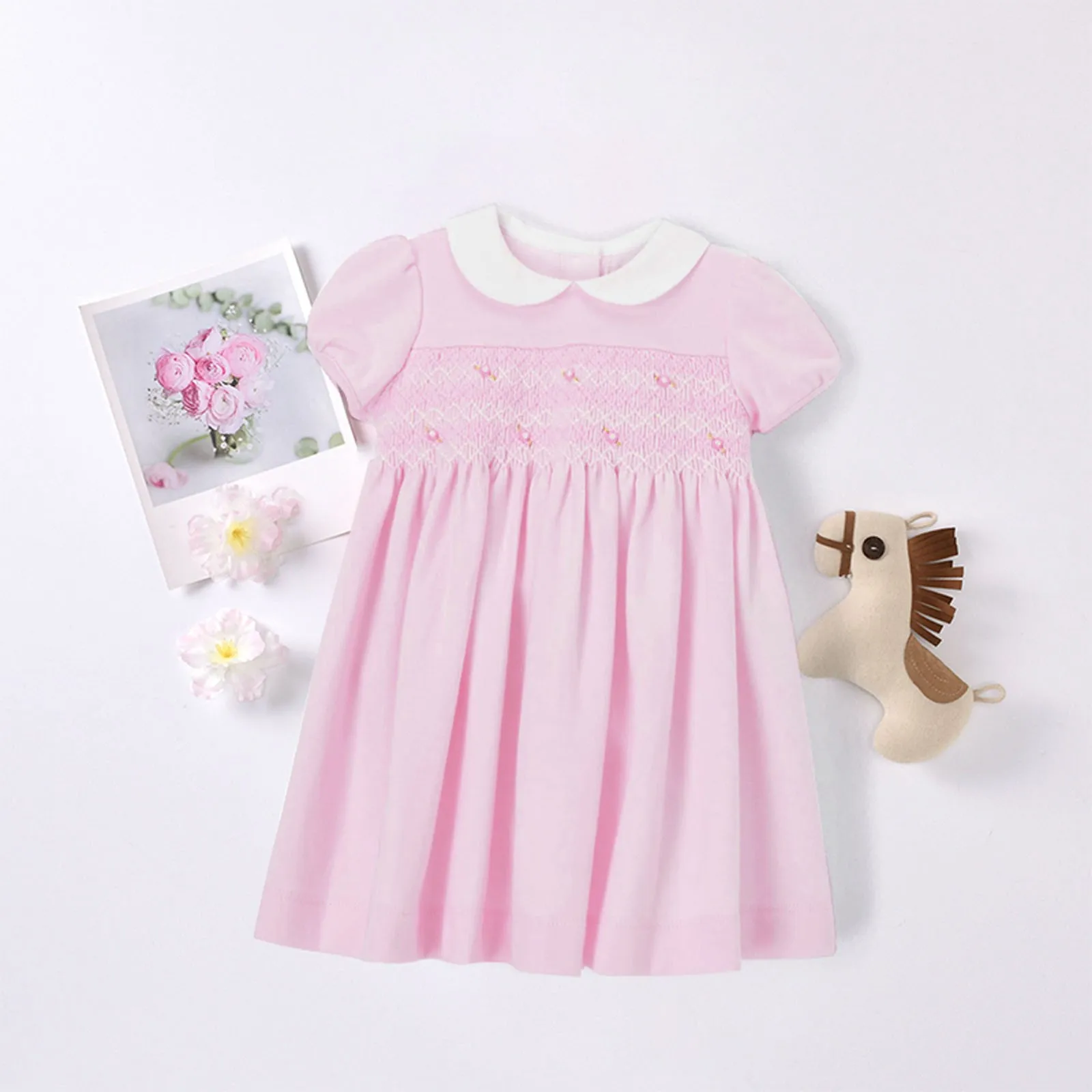 Детско Розова рокля, Лятно Принцеса Рокля с къс ръкав и яка кукла, Мило рокля с цветен модел За момичета, Трапециевидное рокля с рюшами, Рокля от 1 до 7 години1