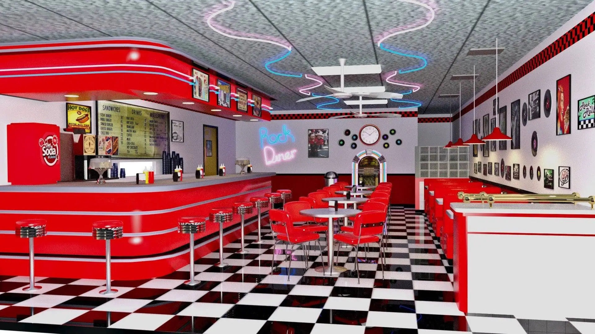 3D реколта американската закусвалня в стил рокендрол от 50-те години, джубокс, червен мебели, черно-бели карирани пол, фотофоны 50-те години, на фона на0