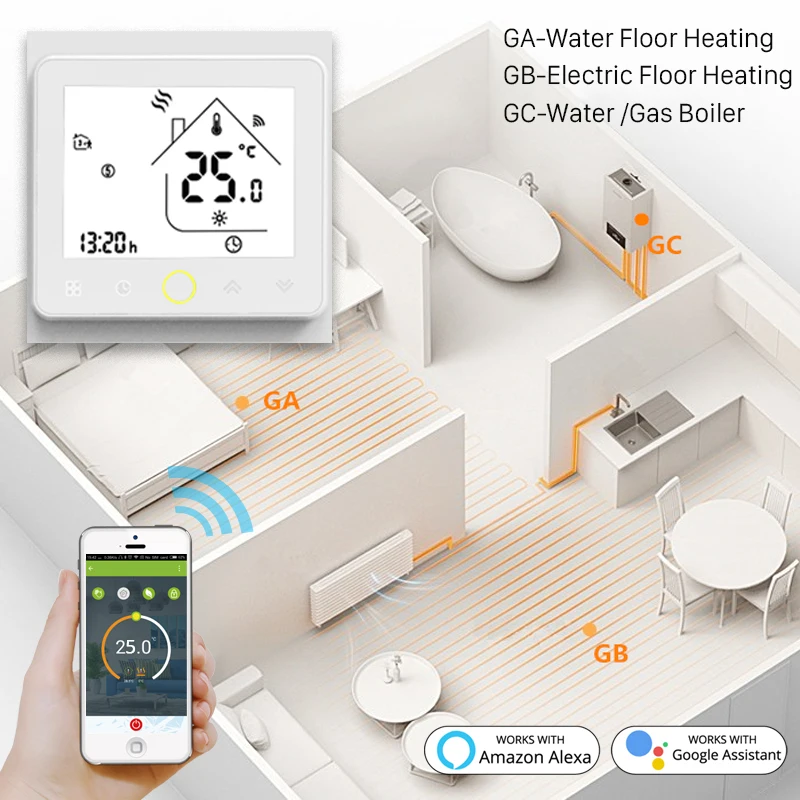 WiFi Умен термостат, температурен регулатор за вода/електрическо подгряване на пода, водна/газов котел, работи с Алекса Google Home3