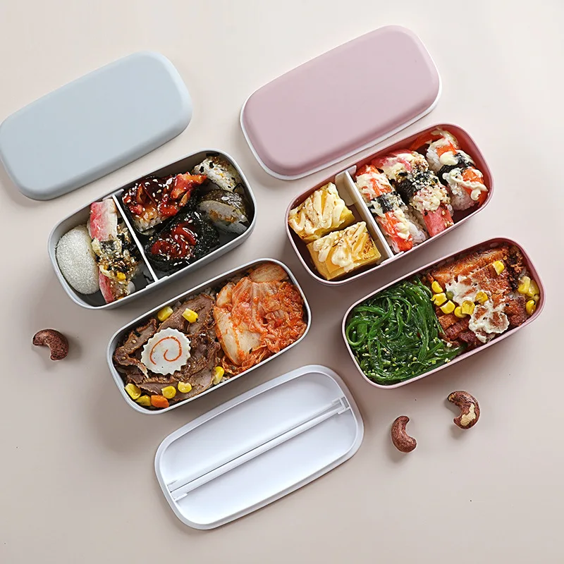 Bento Box Запечатан контейнер за съхранение на продукти, подходящи за микровълнова фурна Преносим ланчбокс за пикник в училище офиса, пластмасови двуслойни1