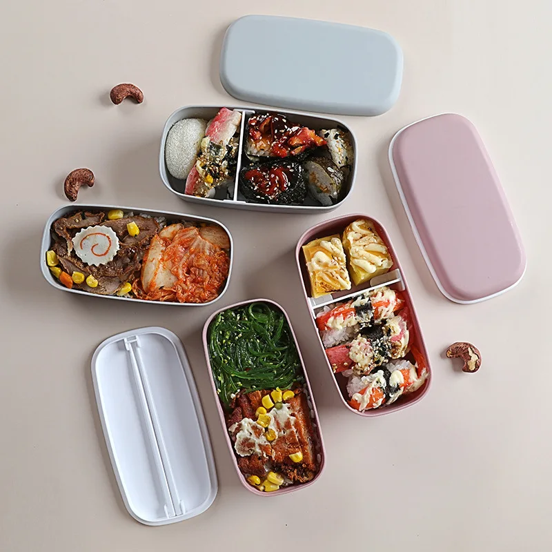 Bento Box Запечатан контейнер за съхранение на продукти, подходящи за микровълнова фурна Преносим ланчбокс за пикник в училище офиса, пластмасови двуслойни5