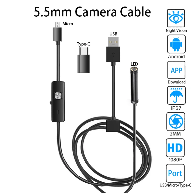 Ендоскоп 5.5 мм кабелен USB Android Камера-ендоскоп мини-обектив 3в1 TYPE-C Micro USB OTG Водоустойчив за проверка на автомобила 0,010