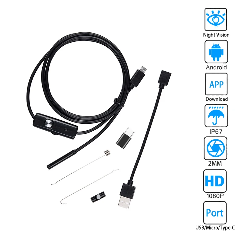 Ендоскоп 5.5 мм кабелен USB Android Камера-ендоскоп мини-обектив 3в1 TYPE-C Micro USB OTG Водоустойчив за проверка на автомобила 0,011