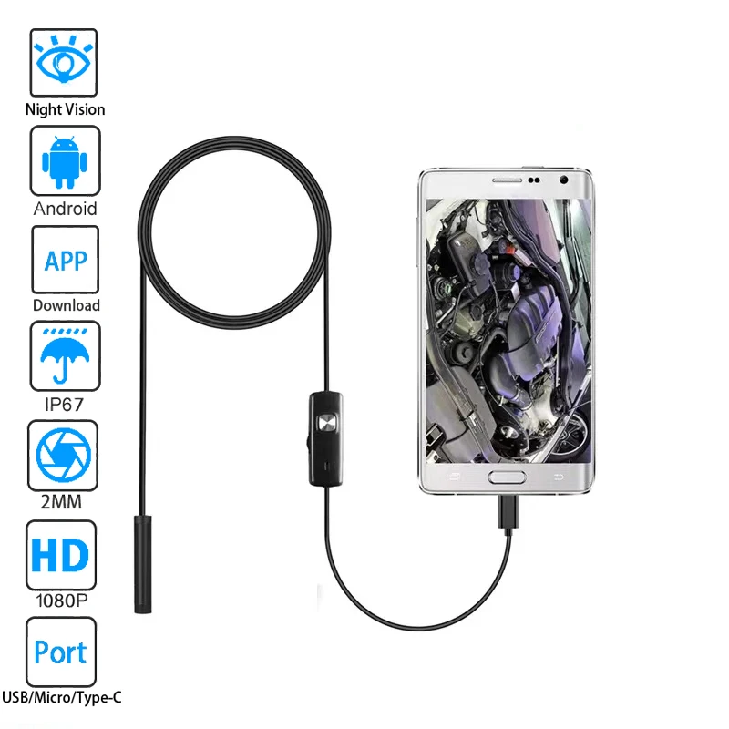 Ендоскоп 5.5 мм кабелен USB Android Камера-ендоскоп мини-обектив 3в1 TYPE-C Micro USB OTG Водоустойчив за проверка на автомобила 0,014