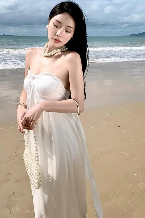 Оглавник, за да пътуват на почивка на морето, Супер Невероятен темперамент, плаж Саня без презрамки, нежна рокля с панделка, гръцки вятър, Снимки рокли5