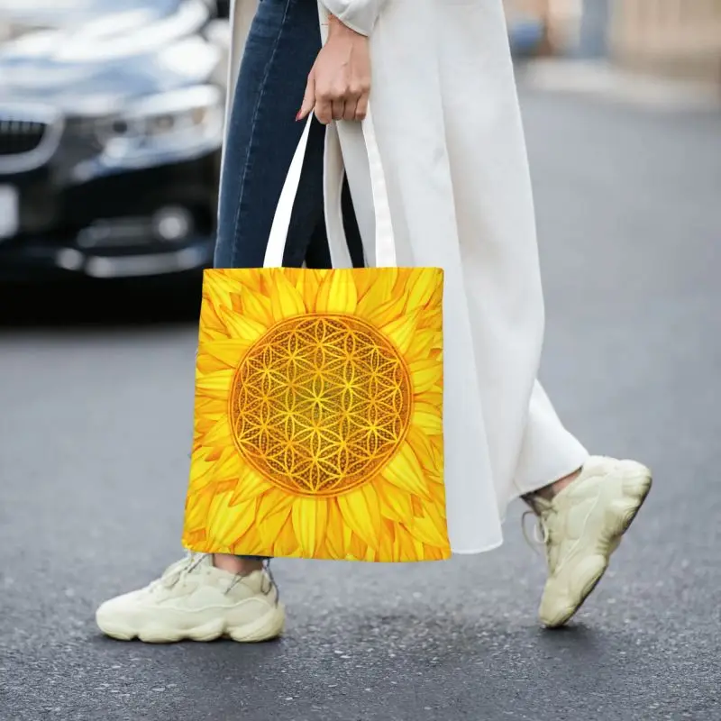 Цвете на Живота на Слънчогледа Чанти за пазаруване в хранителни магазини, дамски мандала, цвете на сакралната геометрия, холщовые чанти за пазаруване на рамото, чанта3