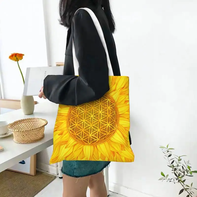 Цвете на Живота на Слънчогледа Чанти за пазаруване в хранителни магазини, дамски мандала, цвете на сакралната геометрия, холщовые чанти за пазаруване на рамото, чанта4