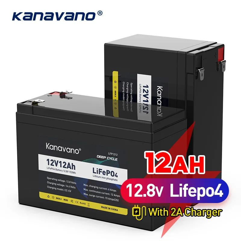 Kanavano Акумулаторна батерия LiFePO4 12V 12Ah Вградена 4S BMS за led осветителни тела, Домакински уреди + зарядно устройство 2A0