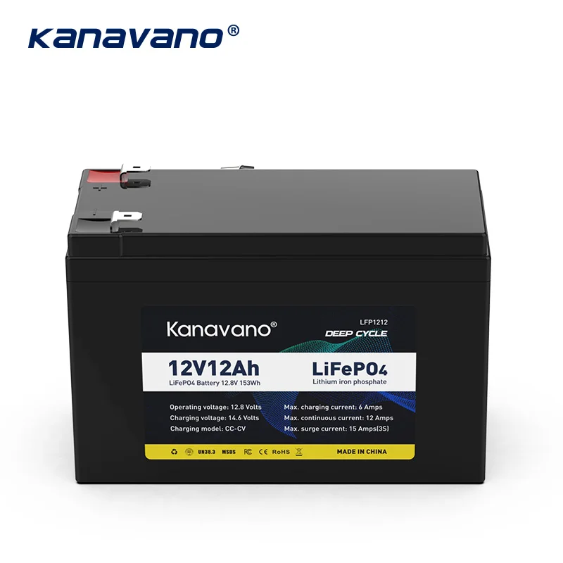 Kanavano Акумулаторна батерия LiFePO4 12V 12Ah Вградена 4S BMS за led осветителни тела, Домакински уреди + зарядно устройство 2A2