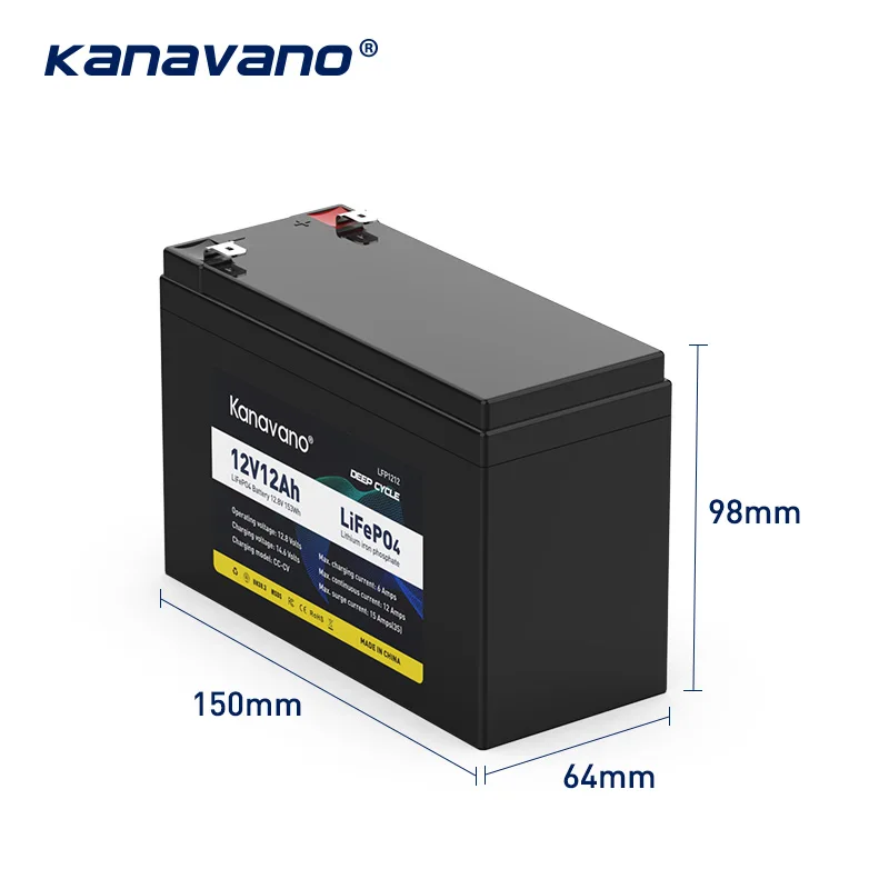 Kanavano Акумулаторна батерия LiFePO4 12V 12Ah Вградена 4S BMS за led осветителни тела, Домакински уреди + зарядно устройство 2A3