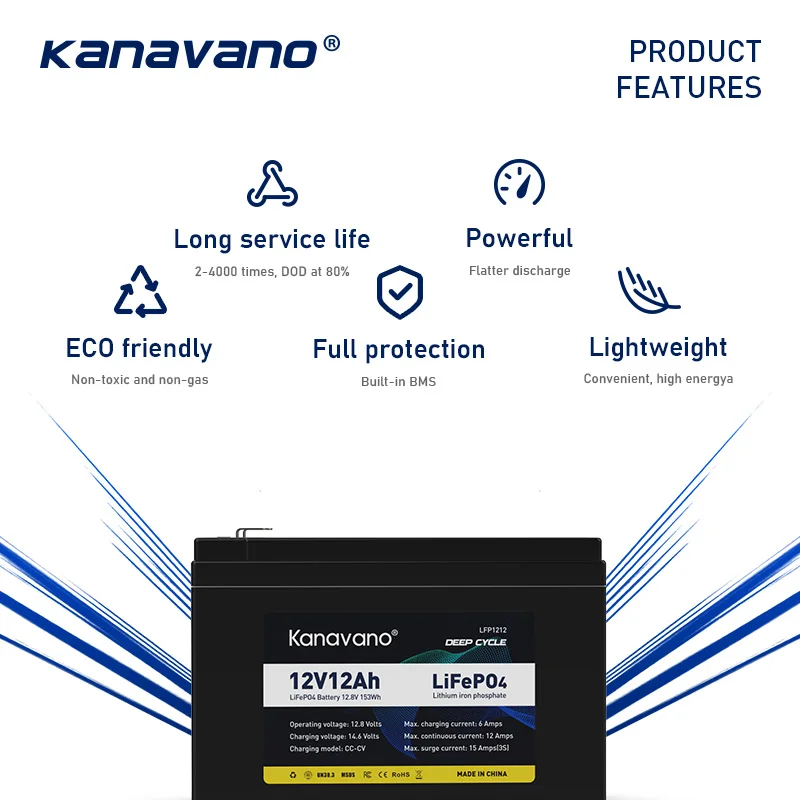 Kanavano Акумулаторна батерия LiFePO4 12V 12Ah Вградена 4S BMS за led осветителни тела, Домакински уреди + зарядно устройство 2A4