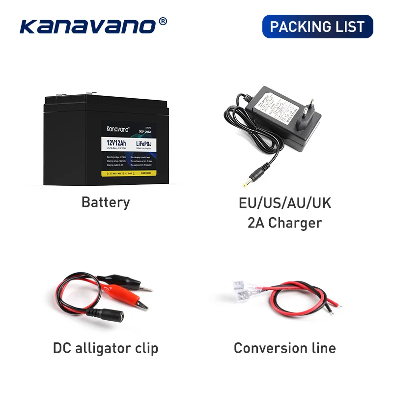 Kanavano Акумулаторна батерия LiFePO4 12V 12Ah Вградена 4S BMS за led осветителни тела, Домакински уреди + зарядно устройство 2A5