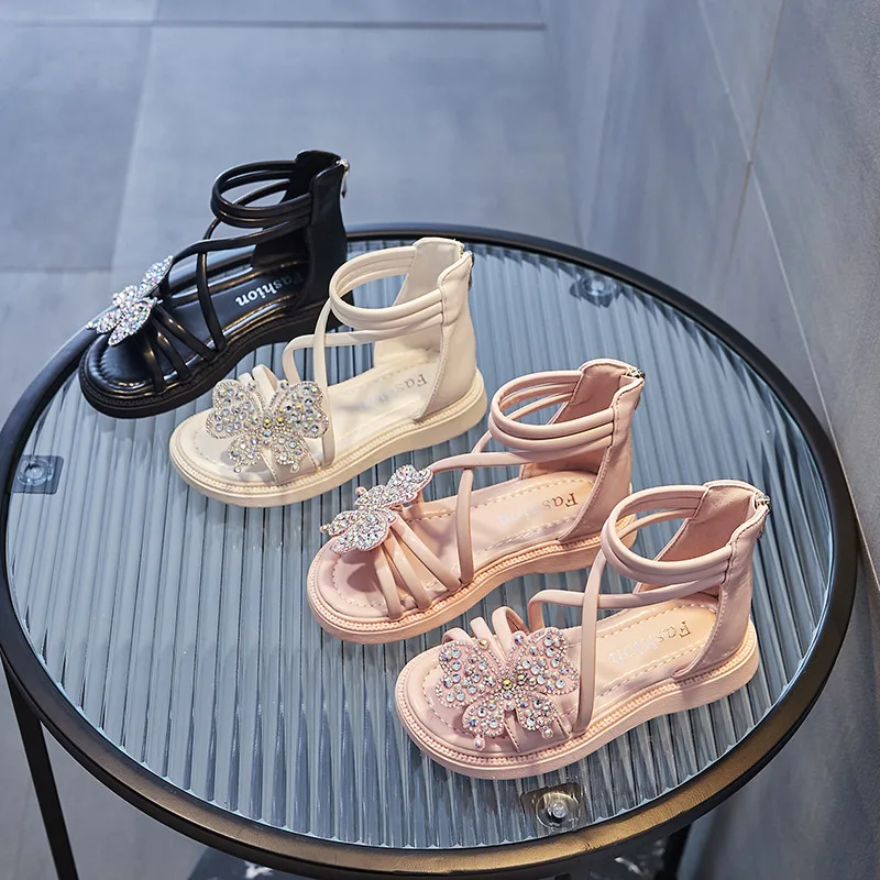 Нови сватбени обувки на принцесата с кристали; нескользящие римски сандали с мека подметка за момичета, детски плажни сандали на равна подметка с лък; детски обувки за партита;0