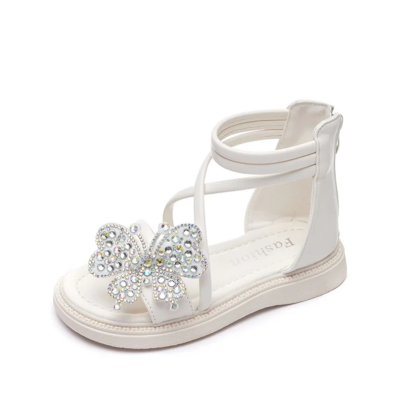 Нови сватбени обувки на принцесата с кристали; нескользящие римски сандали с мека подметка за момичета, детски плажни сандали на равна подметка с лък; детски обувки за партита;4