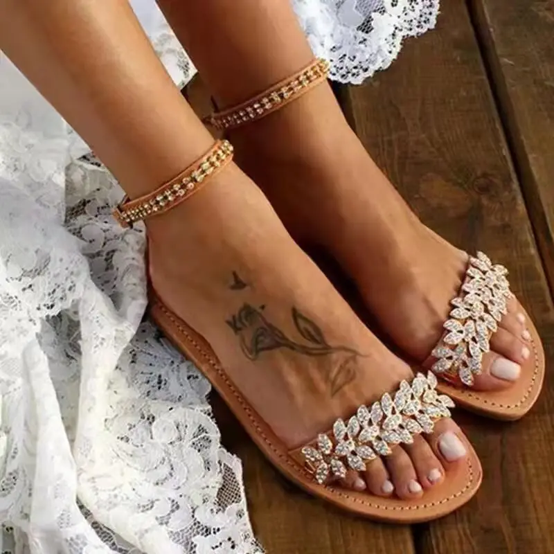 Летни сандали на равна подметка Дамски обувки впечатлява със своя бохемски стил Casual 2022 Плажни сватбени сандали и Обувки големи Размери с кристали, с отворени пръсти1