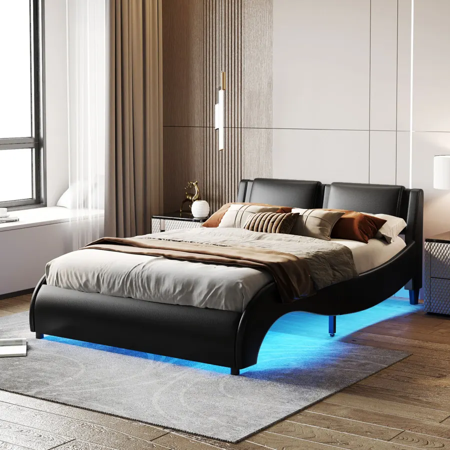 Легло-платформа с тапицерия от Изкуствена кожа размер Queen Size с led подсветка Рамка на легло с Решетчатыми0
