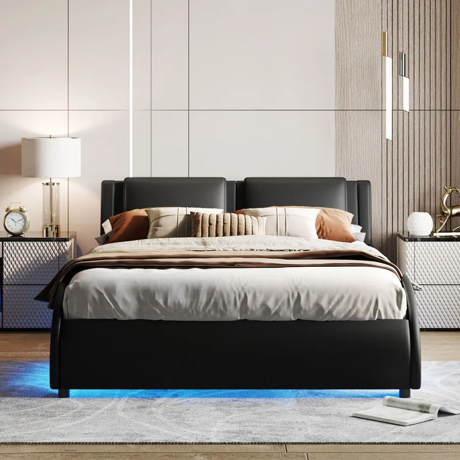Легло-платформа с тапицерия от Изкуствена кожа размер Queen Size с led подсветка Рамка на легло с Решетчатыми1