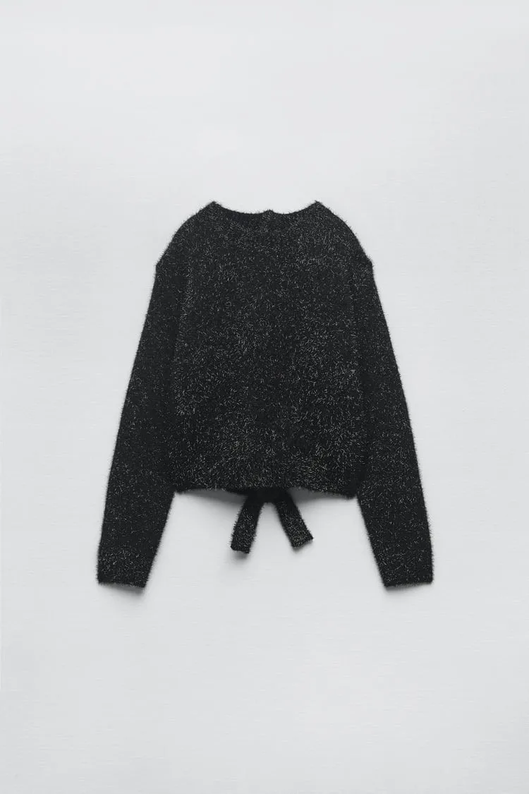 traf05755142800 Женски черен пуловер с дълъг ръкав и кръгло деколте на гърба, вязаный 57551422