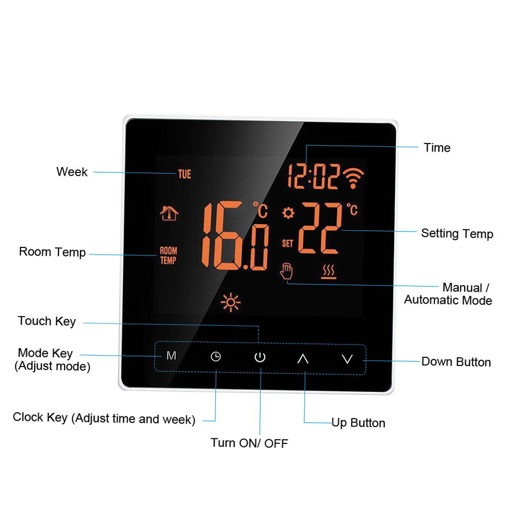 WiFi Интелигентни електрически термостат за подгряване на пода, регулатор на температурата на газов котел, управление на приложението, LCD дисплей, сензорен термостат4