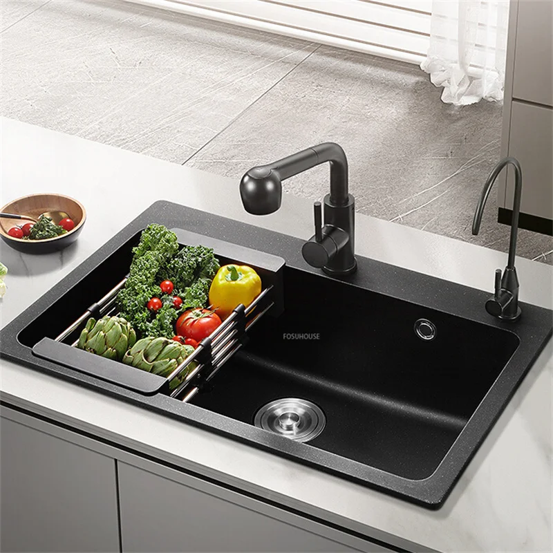 Модерна купа за кухненски мивки от черни гранитни камъни, Предмети от бита, Кухненска мивка с аксесоари за източване0