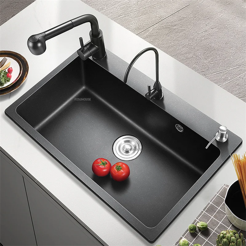 Модерна купа за кухненски мивки от черни гранитни камъни, Предмети от бита, Кухненска мивка с аксесоари за източване2